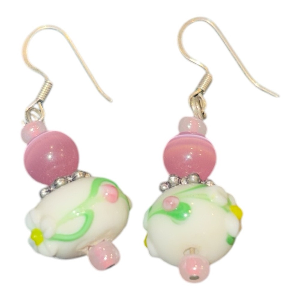 Artisan Lampwork Beaded Earrings floral/spring inspired on silver tone wire YM